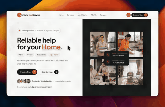 Premium Maid Service landing page hero and enquire interaction.